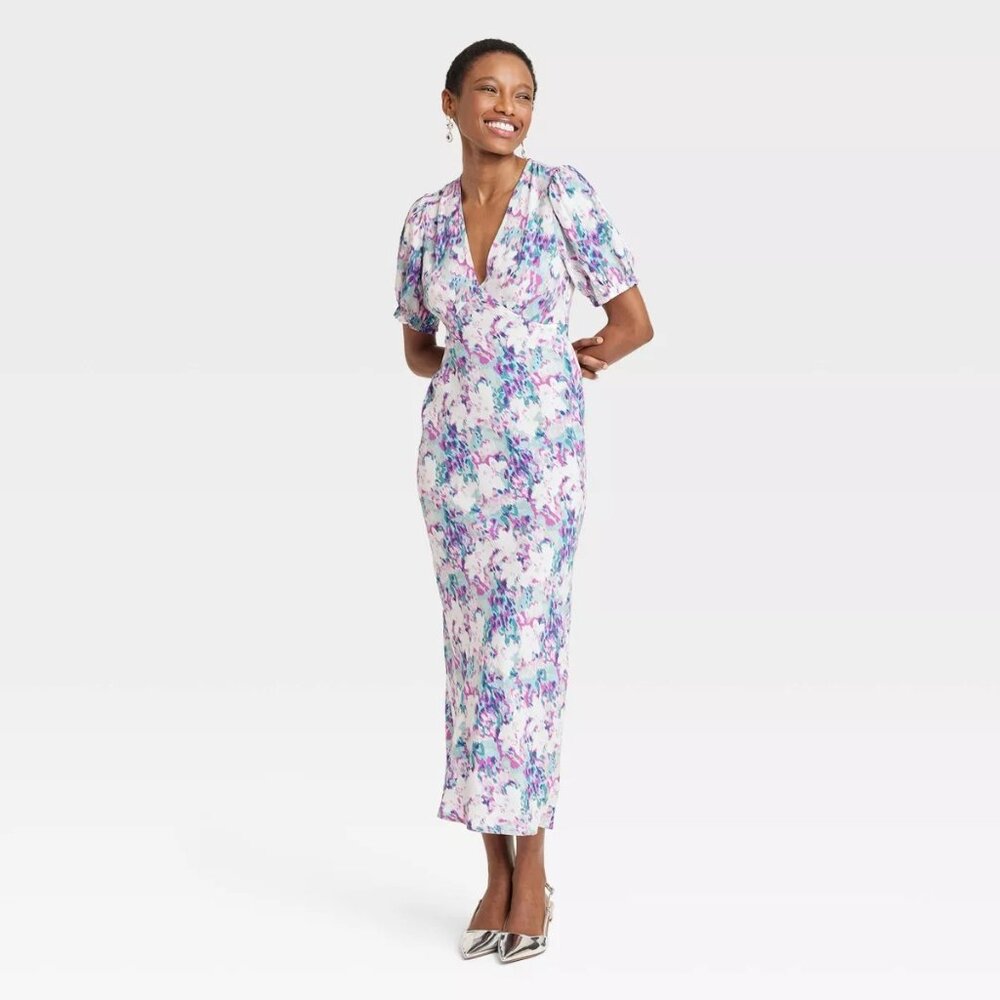 NEW A New Day Women's Crepe Puff Short Sleeve Midi Dress in Blue Floral Print